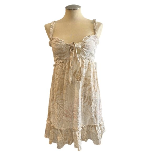 Ocean Drive Mini Dress S Leaf Print‎ Tie Front Tan Cream Pink Tiered Size Small - Picture 1 of 9
